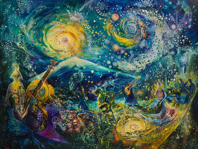 Colorful abstract scene depicting the universe, music, and its many players