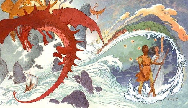 Cover of The Books of Earthsea: The Complete Illustrated Edition by Charles Vess showing a man and woman walking through water they control by magic while a massive red dragon flies past them.