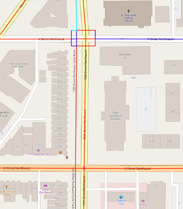 A map showing the LTS tags of the 15th street cycle track at the intersections of U and V streets.