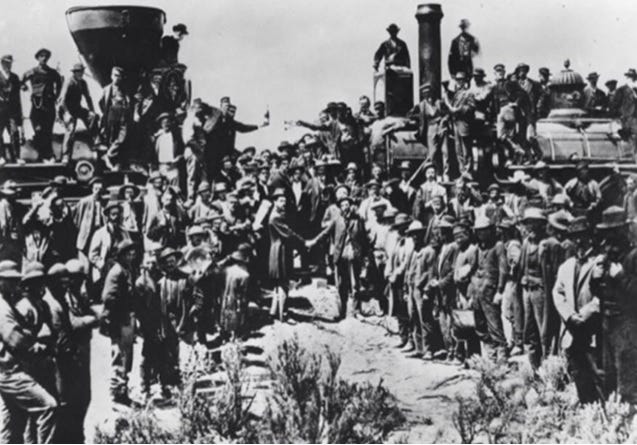 Promontory Point, Utah, during the driving of the Golden Spike connecting the United States, east and west.