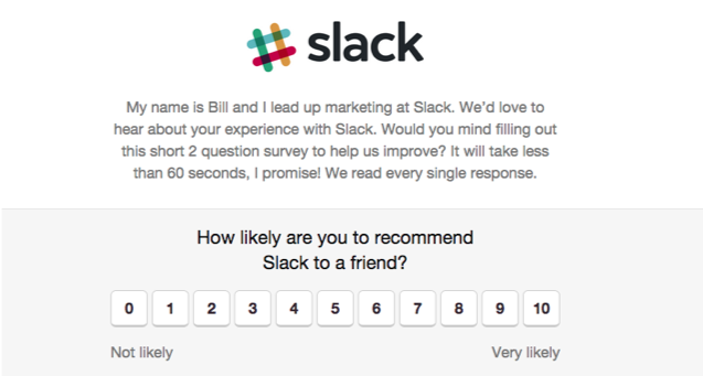 The image is a screenshot of a survey question from the app ‘Slack’. The question is an example of ‘NPS’ and reads- “How likely are you to recommend Slack to a friend?” and the options range from 0 (not likely) to 10 (most likely)