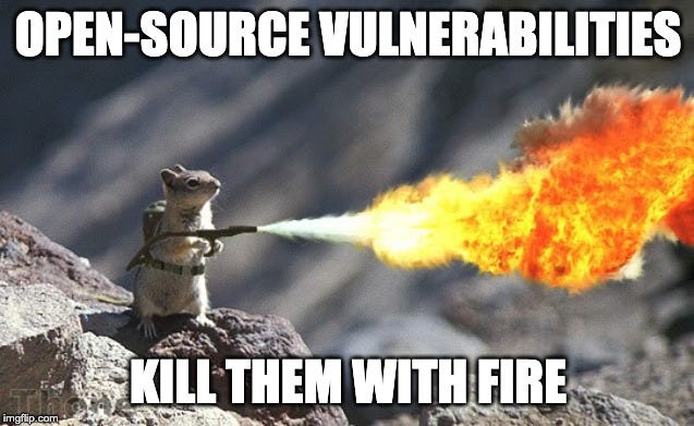 Meme: Image of a squirrel with a flamethrower. The captions read: ‘Open-Source Vulnerabilities; Kill them with Fire!’