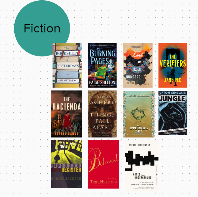 A screenshot with eleven different book jacket icons representing fiction books.