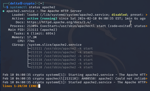 Example of using systemctl status apache2 command