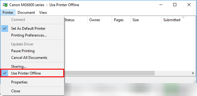 Uncheck the Use Printer Offline option