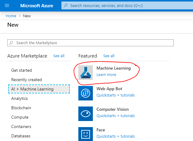 An image showing the machine learning button on Azure