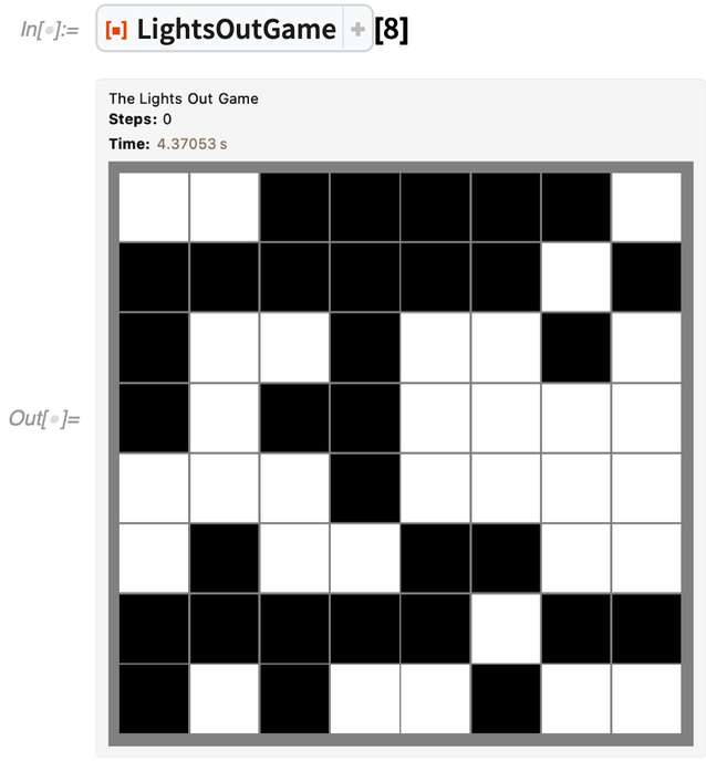 Lights Out game, with a grid filled with white and black squares in a random pattern