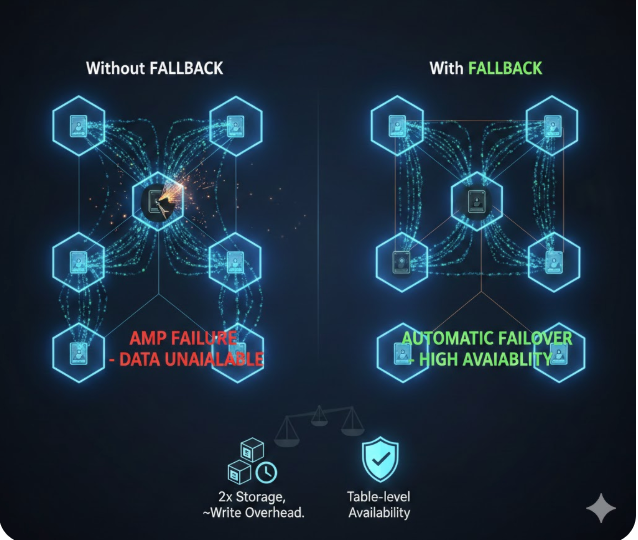 One AMP failure without FALLBACK can make our data unavailable. Design accordingly.