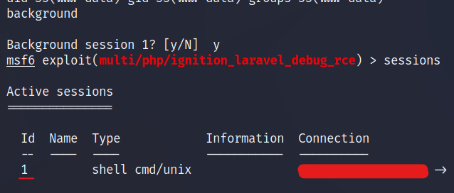 Use the “background” command followed by “sessions” to check current session id. In our case it is 1.