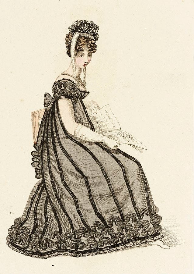 A seated woman in a gown striped black-on-black.