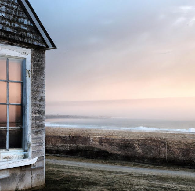 A dreamy landscape with a cottage overlooking the sea.