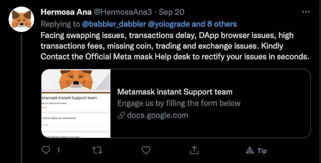 Screenshot of a tweet from a fake profile purporting to be Metamask Support