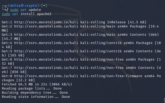 Example of using apt update and apt install command