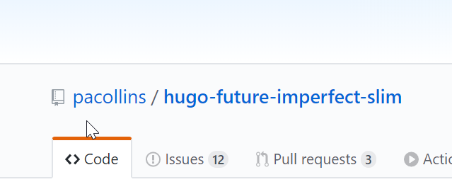 A screenshot of the Github repository for the hugo-future-imperfect-slim theme. The mouse is pointing to the address of the Github repository — the author’s name, the slash (“/”) symbol and the name of the repository (hugo-future-imperfect-slim)