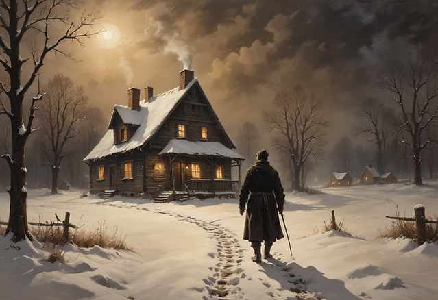 A figure approaches a warm house in the snow, as dark clouds roll in.