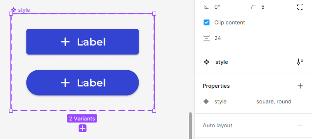 This image shows the Figma’s right side menu, showcasing the size properties that have been just created, each with the correct name: square and round.