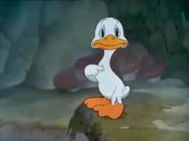 Ugly duckling picture from a Disney movie. In this picture the duck is point to himself with a confusing face