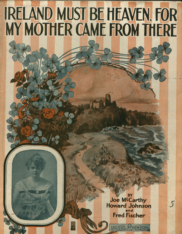 A cover of a music notation booklet with the text: Ireland must be heaven, for my mother came from there, an illustration depicting a road and a small photo of a woman in the left lower corner