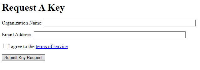 The Census Bureau’s simple API key request page contains only two text fields, a check-box, and a submit button.