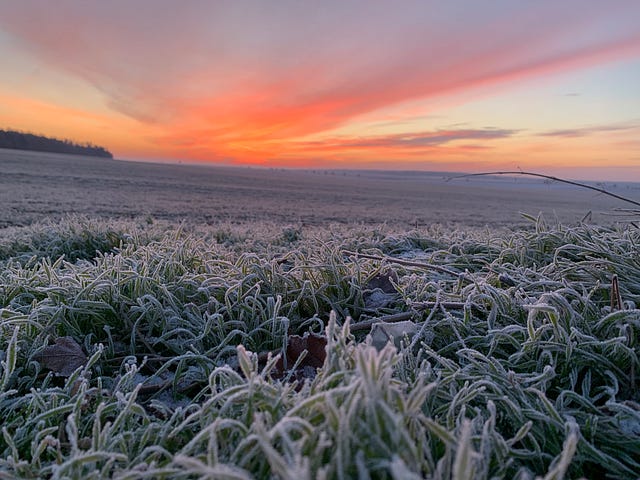 Colorful winter sunrise over a frosty field.