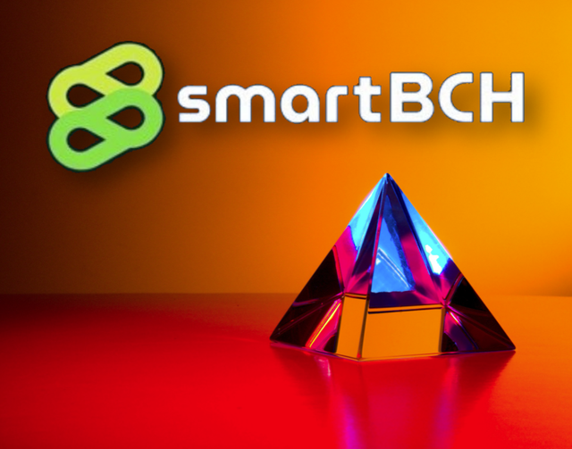 Red and orange background with a crystal pyramid at the right and smartBCH logo on top.