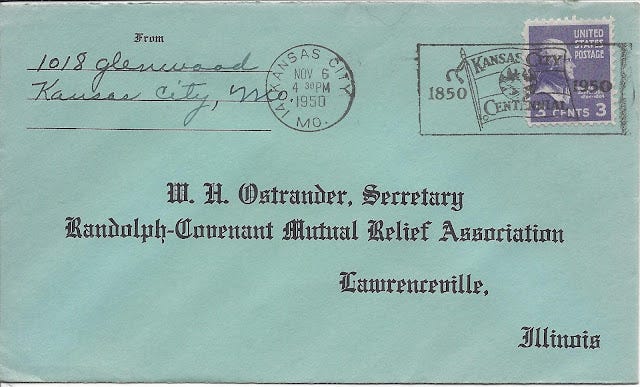 1950 blue envelope from Kansas City