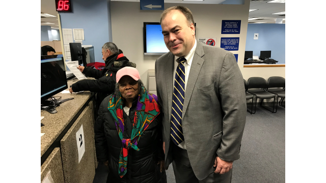 Assessor Fritz Kaegi with a senior who braved the winter storm of January 2019 to turn in a paper application for her senior homeowner exemption.