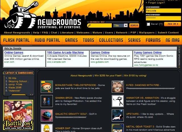 Página de inicio de Newgrounds de principios de la década de 2000.