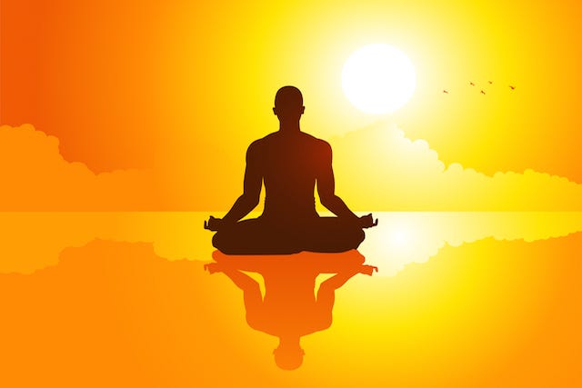 Picture of a person meditating. Reflection of that person is shown depicting that meditation is about reflection about one’s own mind. In the far end, there is bright light depicting that self reflection could lead to ultimate light/ freedom.