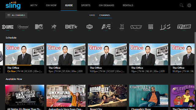 Sling TV guide showing the Comedy Central primetime lineup of The Office marathon