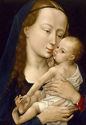 Byzantine, Dutch, and Italian Renaissance "Panagia Glykophilousa" Madonna and Child paintings featuring the chin-chuck.