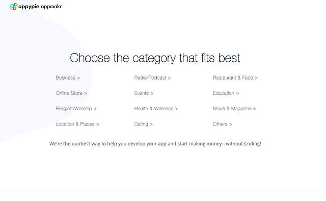 Choosing an app category with Appy Pie