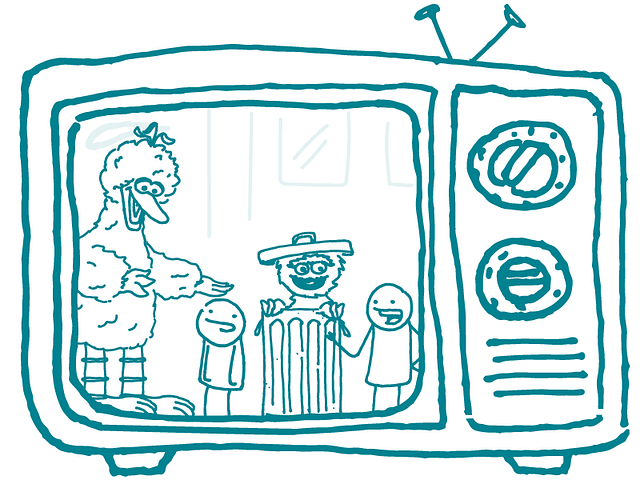 A TV screen shows Big Bird and Oscar the Grouch standing alongside two CommunicateHealth doodles.