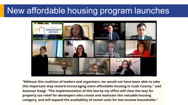 PowerPoint slide with title New affordable housing program launches. Screenshot of the virtual press conference.