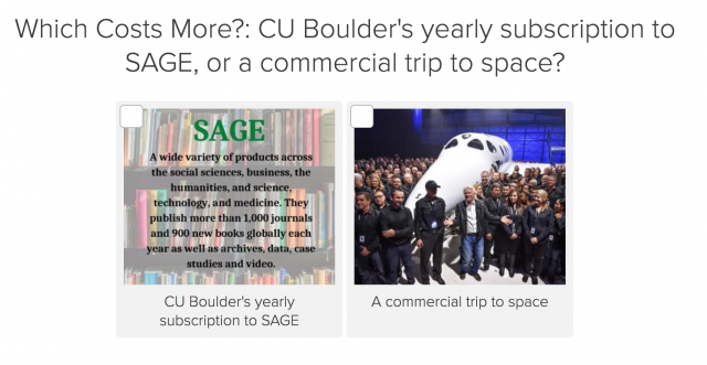 screenshot of a page from the quiz asking which costs more, their yearly subscription to SAGE journals or a trip into space?