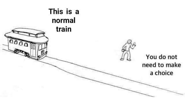 Illustration depicting the classic ethical dilemma of the trolley problem without making chooses.
