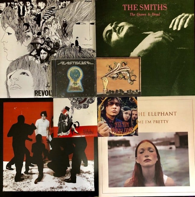 Four vinyl sleeves sorted in a 2 by 2 square with anoth 2 by 2 square of CDS in the center; vinyl top left to bottom right: The Beatles’ “Revolver,” The Smiths’ “The Queen is Dead,” The White Stripes’ “White Blood Cells,” Cage the Elephant’s “Tell Me I’m Pretty” — CDs top left to bottom right: Plastiscene’s “Seeing Stars,” Arcade Fire’s “Funeral,” Kula Shaker’s “Strangefolk,” Velvet Starling’s self-titled EP