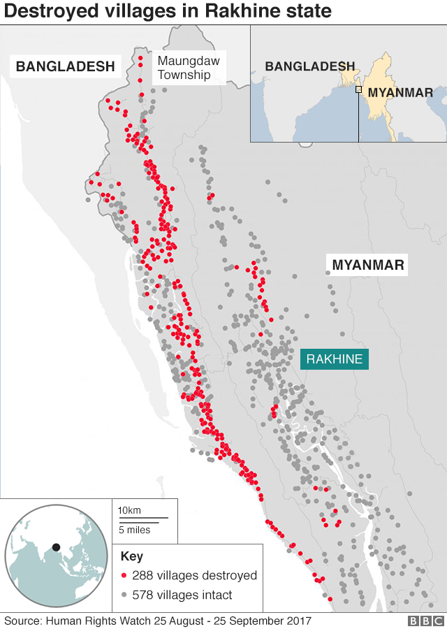 Kaart Myanmari Rahhine osariigi hävitatud ja terveks jäänud küladest 2017. aastal. 288 küla hävitati, 578 jäi terveks