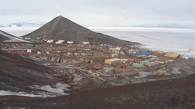 An overhead shot of the sprawling US-operated McMurdo Station on Ross Island.