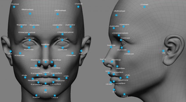 A 3D Model of a face with important points for facial recognition highlighted