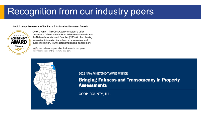 PowerPoint slide title Recognition from our industry peers. Screenshot of NaCo Award winner description.