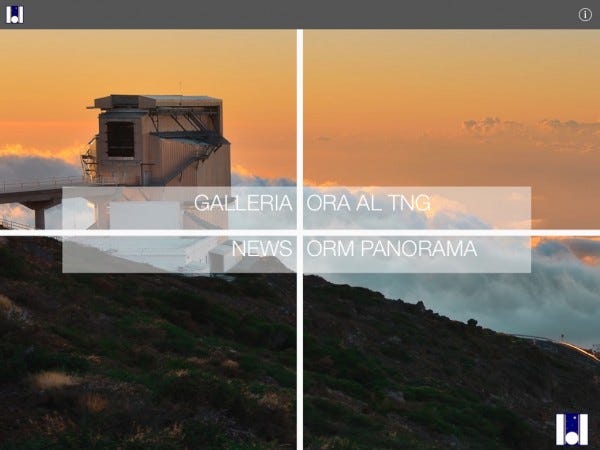La schermata home di myTNG, la nuova applicazione disponibile su Apple Store e dedicata al Telescopio Nazionale Galileo. Crediti: FGG-TG.