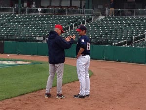 Former Sea Dog Tommy Hottovy (pictured right) talking with Sea Dogs' Pitching Coach Bob Kipper.