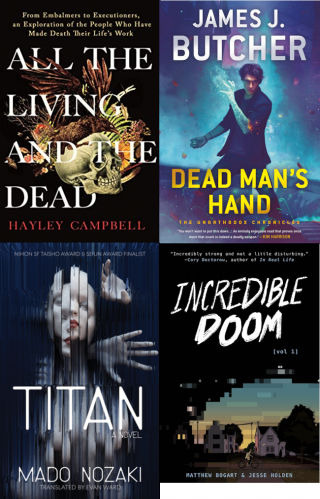 covers of four books: Titan, Incredible Doom, All The Living and the Dead, and Dead Man’s Hand