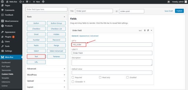 Create a custom field to enter the ordinal number for posts