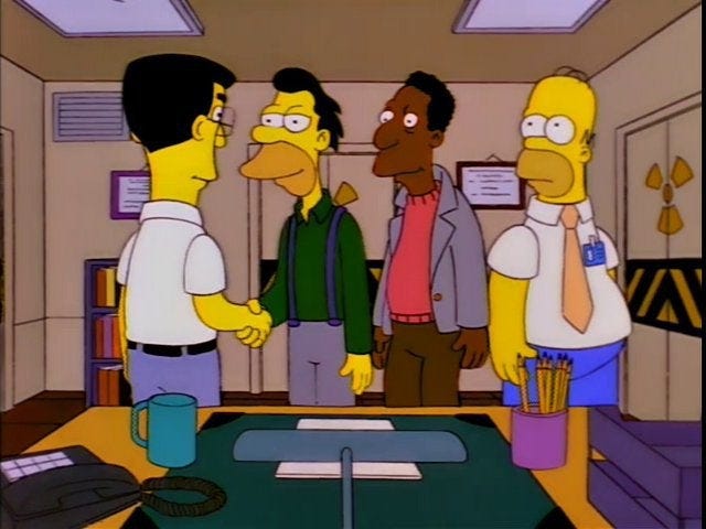 Imagen de Los Simpsons del equipo de trabajo dentro de la planta nuclear