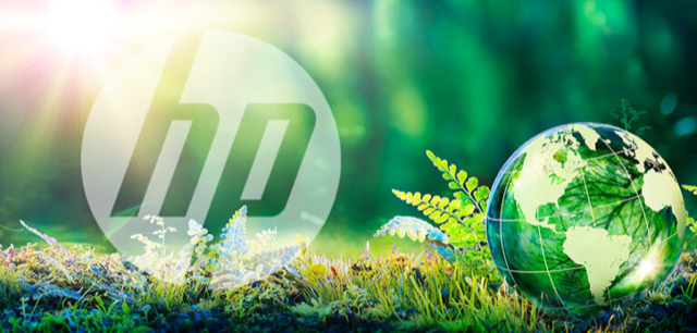 Green globe on the grass and an HP logo beside it.
