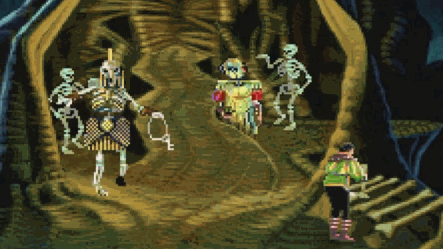 Animated GIF of skeletons dancing while a man plays bone-xylophone with bone drumsticks. From old-school Kings Quest game.