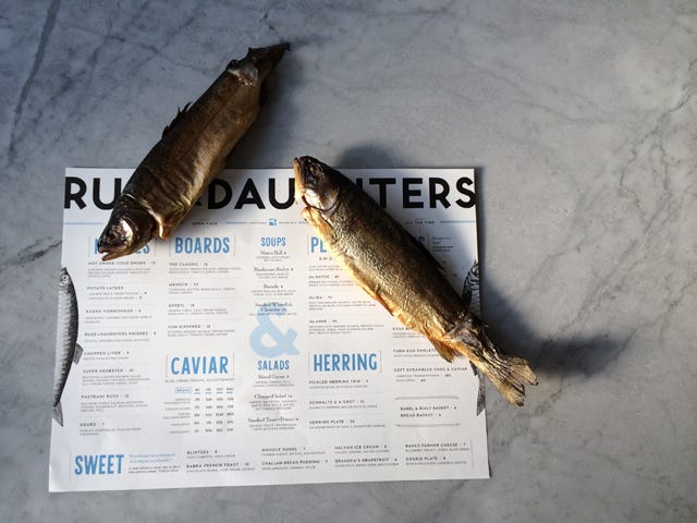 Russ & Daughters smoked trout on table