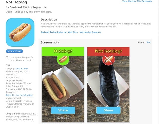 Left: a photo of a hot dog in a paper fast food carton on that is labeled “Hotdog” Right: A shoe in same carton, “Not Hotdog”